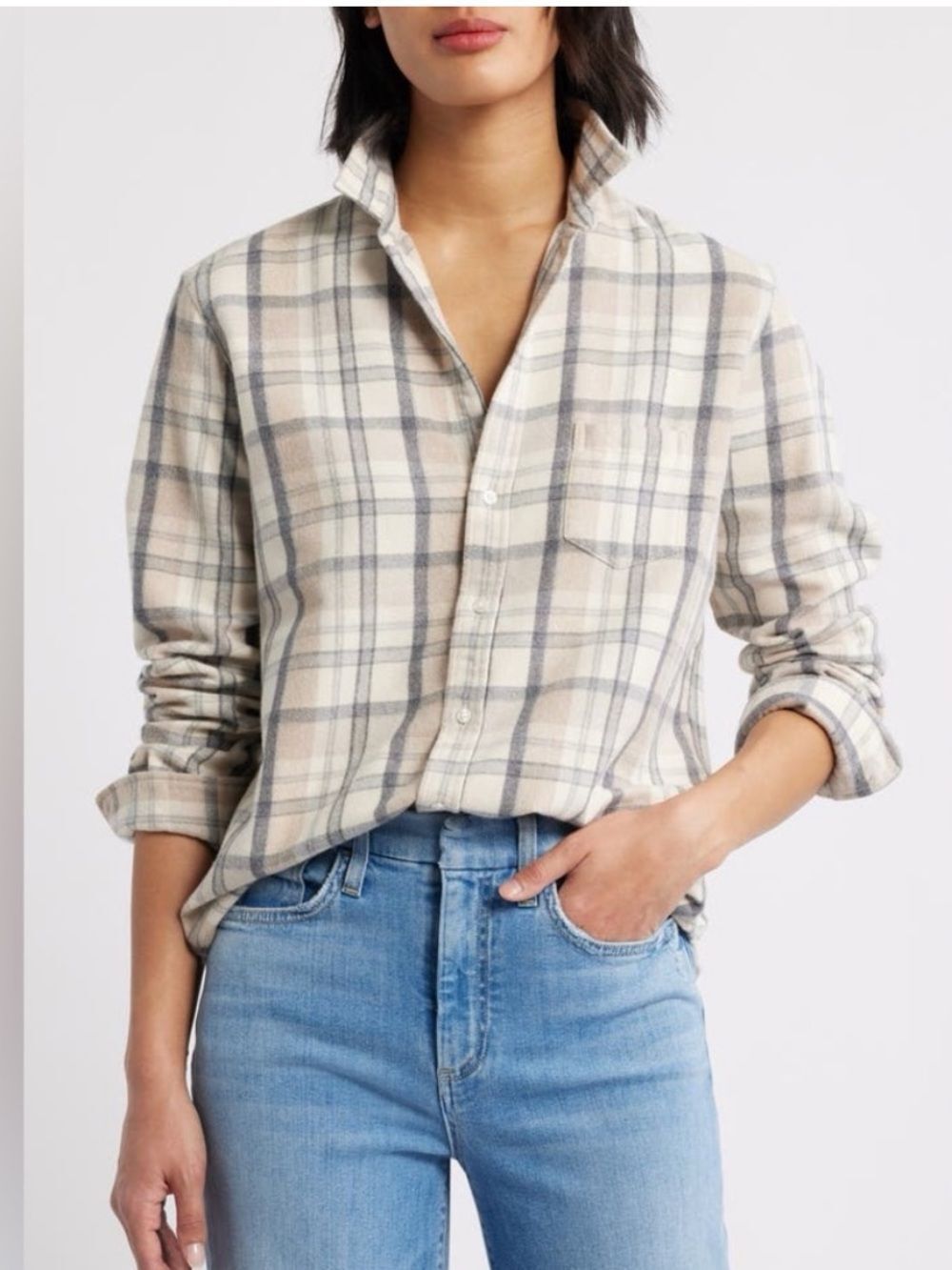 Frank & Eileen Cream Grey Plaid Button-Up Shirt Italian Flannel sz S
